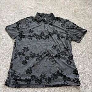 Reyn Spooner Performance Polo Mens L Gray Floral Hawaiian Beach Golf Tropical